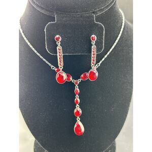Givenchy Red Stone Dark Metal Y-Necklace and Dangle Earrings